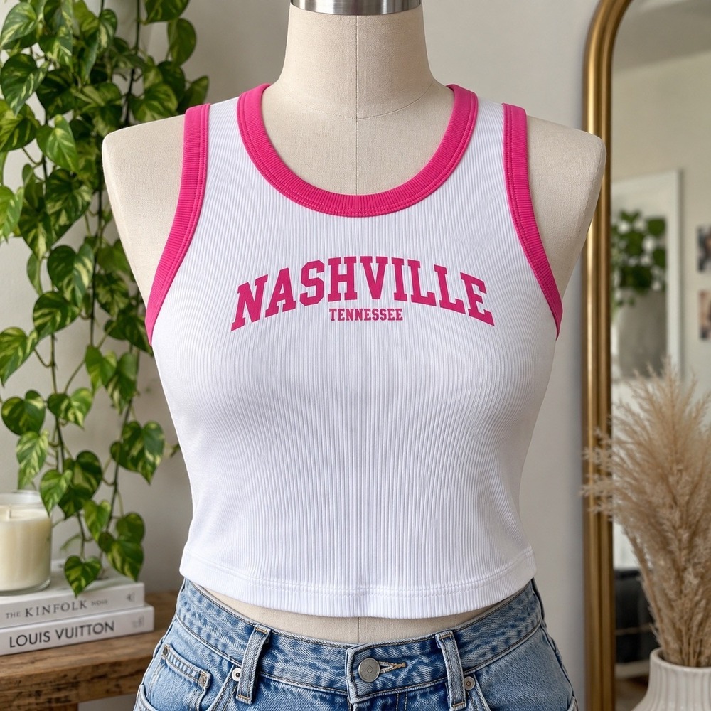 Social Culture Nashville Tennessee Ribbed Ringer Tank Top White Pink Medium